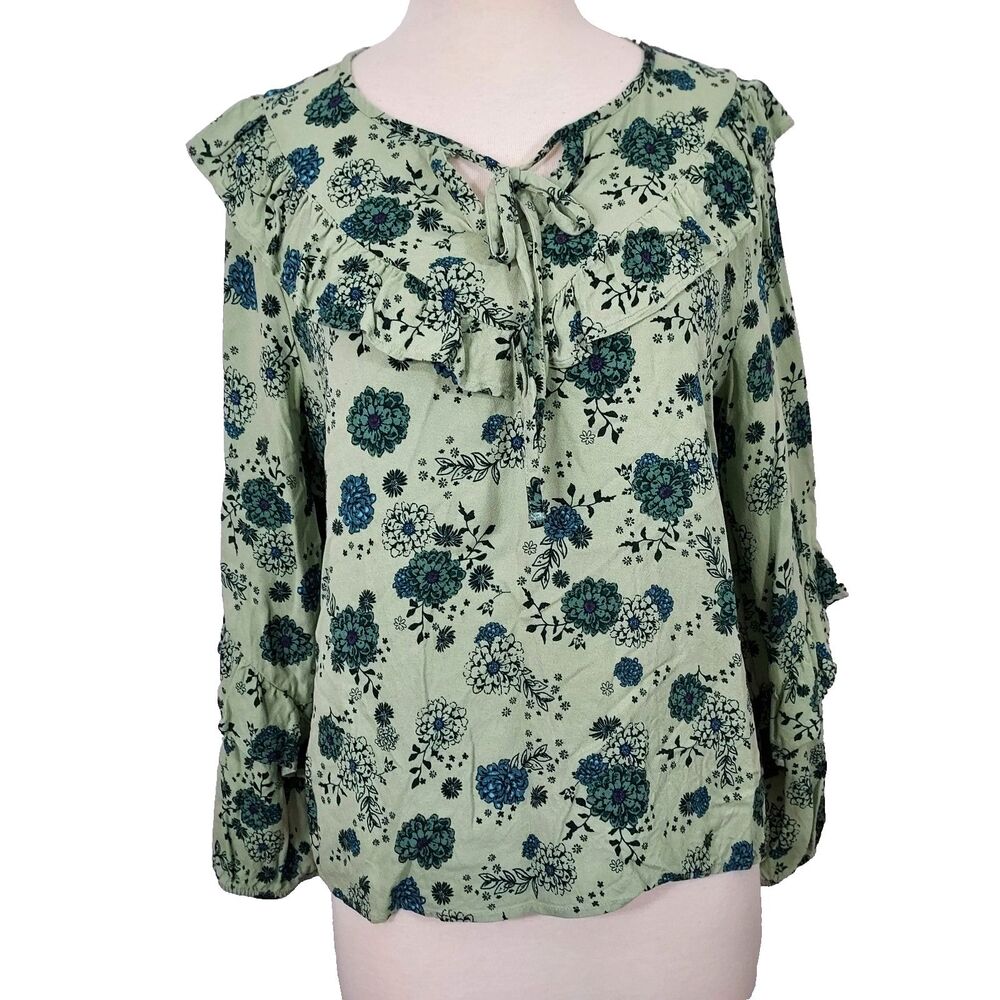 Sonoma Floral Ruffle Shirt Boho Peasant Cottage Tie Neck Long Sleeve Green Sz XL